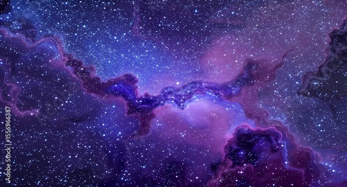 Vibrant purple and blue nebula clouds swirl with countless bright stars in the vast expanse of deep space