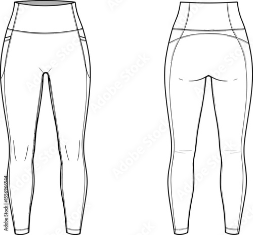 High waist athletic leggings CAD sketch, technical vector drawing for activewear design, front and back fashion flat illustration