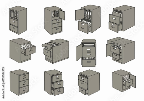 Set of various filing cabinet illustrations showing different angles, open and closed drawers with documents, representing office organization and storage.