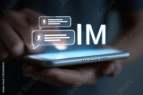 Hand - held smartphone with glowing IM (instant messaging) icons and chat bubbles, ideal for digital communication and tech - related projects 