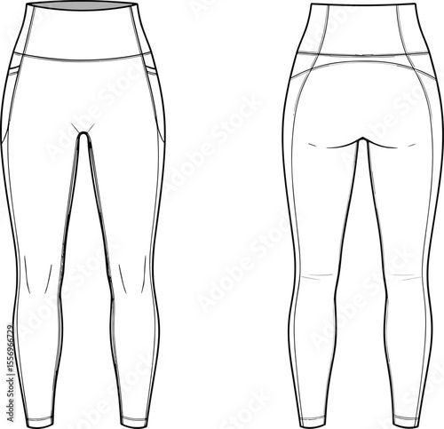 High waist leggings fashion technical flat sketch, activewear vector drawing, CAD apparel illustration, front and back clothing template