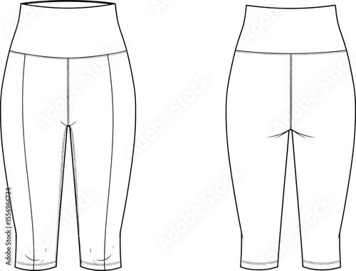 High waist capri leggings flat sketch, front and back CAD drawing, fitnesswear technical vector, activewear garment design illustration