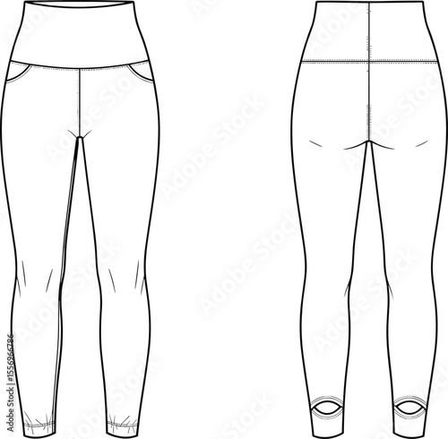 High waist leggings technical flat, front and back view, vector CAD fashion drawing, fitness pants design, activewear illustration