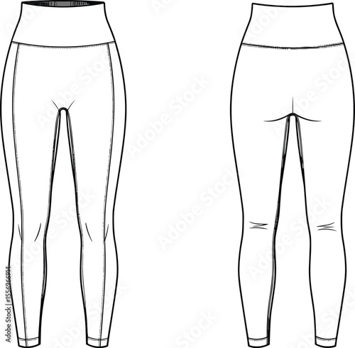 High waist plain leggings technical fashion sketch, activewear pants front and back view, CAD vector drawing for apparel design