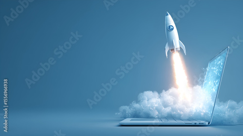 Digital Ascension: A dynamic rocket launch bursts forth from an open laptop screen, soaring into a sky filled with vibrant clouds, symbolizing innovation and boundless potential.