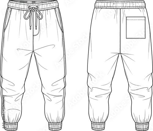 Jogger pants technical flat sketch, front and back view, fashion vector illustration, elastic waistband design, CAD drawing for apparel design