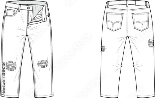 Ripped denim jeans flat sketch, front and back technical drawing, vector fashion illustration, distressed design, CAD apparel template