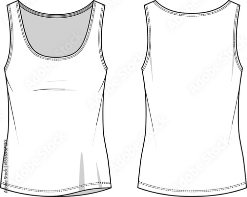 Sleeveless tank top technical sketch, flat vector fashion illustration with front and back view for women’s casual wear design