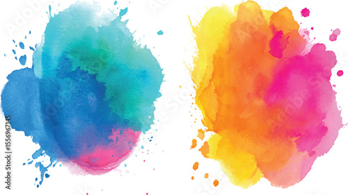 Vector of multicolored blot watercolor splash. Colorful textured chalk stripes, squares and circles. Pastel, crayon hand drawn colorful elements.