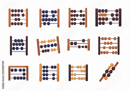 A collection of various colorful abacus illustrations, traditional counting tools for math, education, and learning.