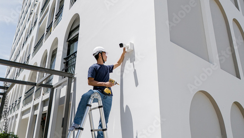 A technician installs a CCTV camera on the facade of a residential building