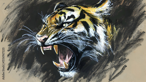 Roaring Tiger in Ink Drawing