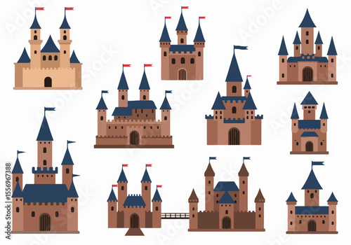 Collection of cartoon castles. Set of fantasy medieval fortresses for fairytale stories, games, or children's illustrations on a white background.