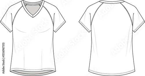 V-neck women's t-shirt technical drawing, front and back view, fashion cad sketch with raglan sleeves, flat vector design template