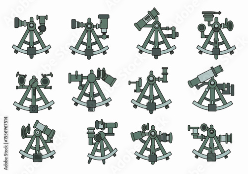 Collection of various illustrated sextants, historical navigation and measurement tools icons