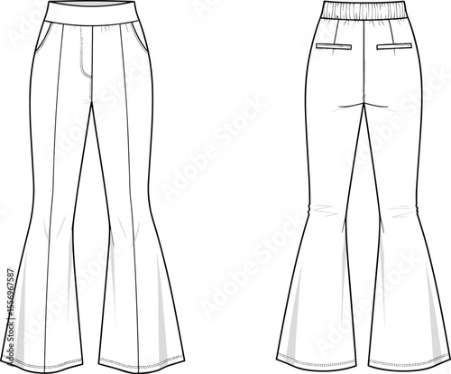 Women’s flared trousers fashion flat sketch, front and back view, stylish pants technical vector illustration for apparel design templateWomen’s flared trousers fashion flat sketch, 