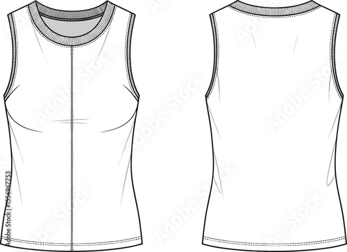 Women’s tank top flat sketch front and back view, technical fashion drawing, sleeveless shirt CAD template, vector apparel design