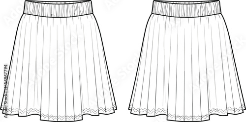 Women's pleated skirt front and back CAD sketch, technical fashion drawing, clothing flat vector, apparel design illustration template