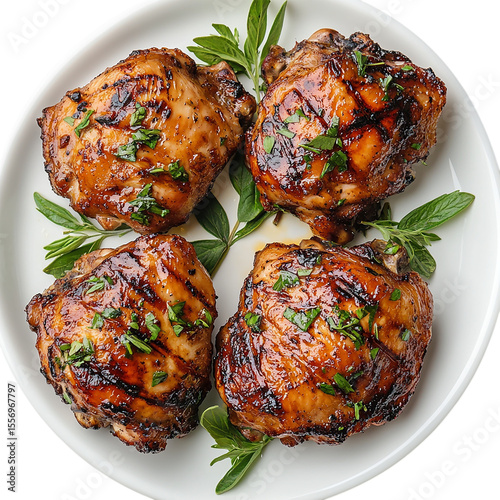Grilled Chicken Thighs Garnished with Rosemary on a White Plate