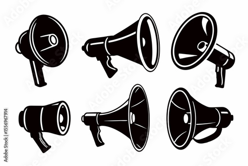 Simple black megaphone icon collection in modern flat silhouette style