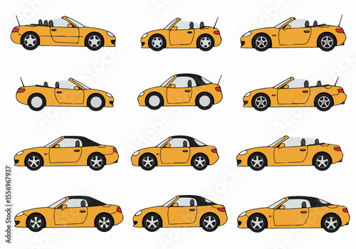 Seamless pattern of yellow sports cars in various states (convertible and coupe) in a simple, illustrative style.