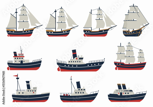 Collection of various illustrated ships including sailing vessels and steamships in a flat design style, suitable for nautical patterns or transportation themes.