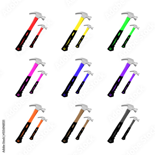 Colorful Hammer Set – Claw Hammers in Various Handle Colors, Realistic Vector Tools