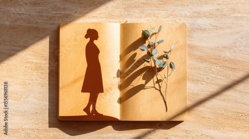 Remote Worker Morning Routine concept. Shadow silhouette of a woman beside a plant in an open book.
