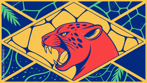 stylized illustration of roaring leopard with vibrant colors and bold patterns
