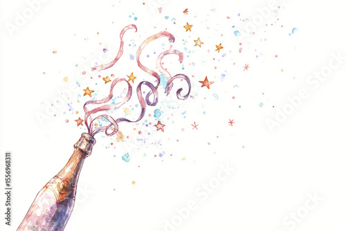 Watercolor illustration of a champagne bottle popping with colorful confetti, streamers, and stars on a white background