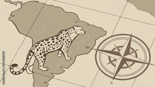 illustration of a leopard on South America map with compass design elements
