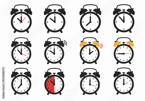 Set of black and white simple alarm clock icons showing various times and states, including ringing and elapsed time.