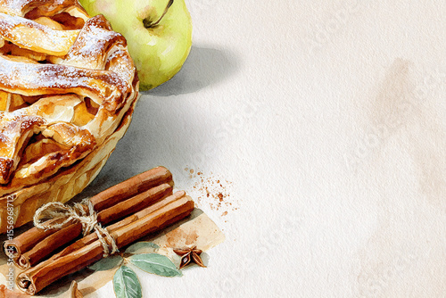 Watercolor illustration of apple pie with lattice crust, cinnamon sticks, green apple, and powdered sugar on a light textured background