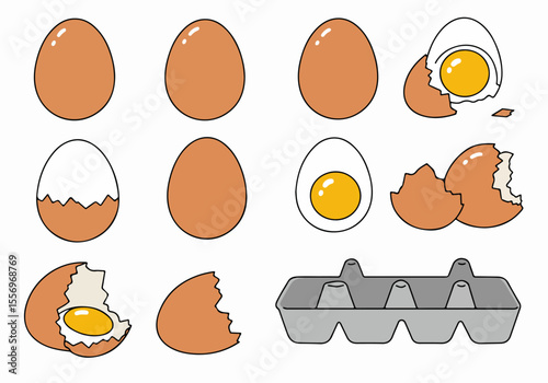 Cartoon illustration of brown eggs in various stages of cracking, boiling, and whole, alongside an egg carton.