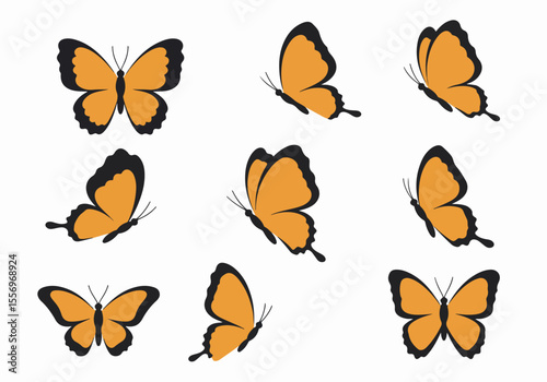 Set of cartoon orange butterflies in various flying and resting poses isolated on a white background.