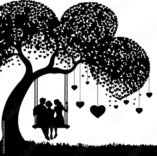 Family Love Tree Silhouette: A loving family sits together on a swing beneath a tree adorned with dangling hearts, symbolizing enduring family bonds, cherished moments, and heartfelt connections.