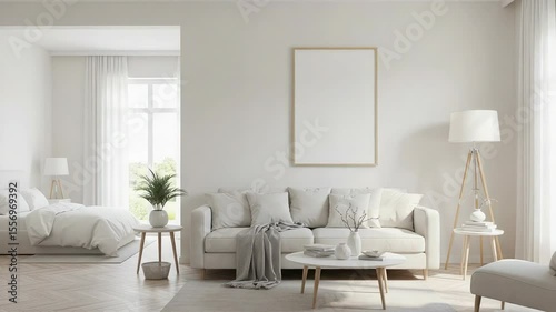 Wallpaper Mural Bright Minimalist Interior with Cream Sofa White Furniture And Blank Canvas With Soft Lighting Torontodigital.ca