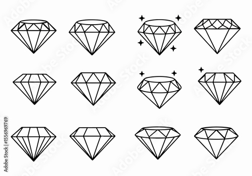 Set of different outlined diamond icons or symbols, some with sparkles, representing luxury, value, and wealth on a white background.