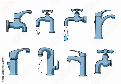 Collection of Vector Illustrations Showing Different Types of Water Faucets and Taps with Water Drops and Streams