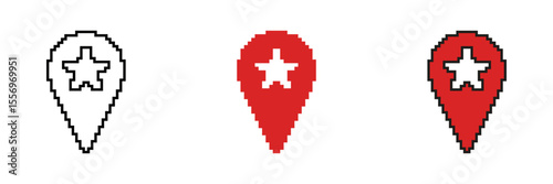 Map Pin With Star Icon Set. Location Marker With Star Symbol For Favorite Places And Navigation. Pixel Art Style For Maps And Gps Applications. Isolated Vector Illustration