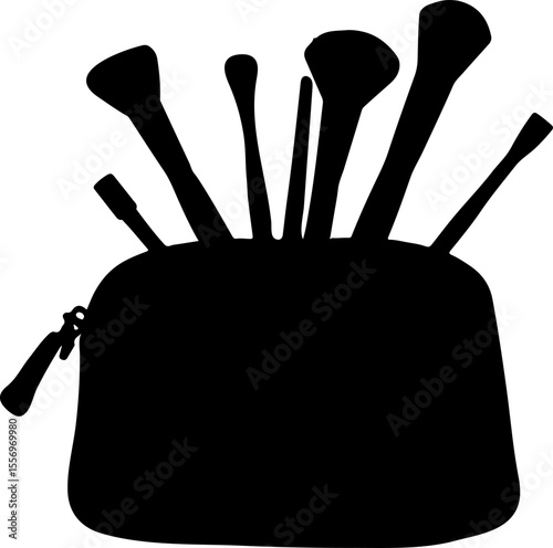 Vector graphic of makeup brushes in a cosmetic bag. This simple silhouette could represent a beauty brand or beauty blog imagery.