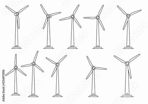 Collection of simple line art illustrations depicting wind turbines from various angles, symbolizing renewable energy and sustainability.