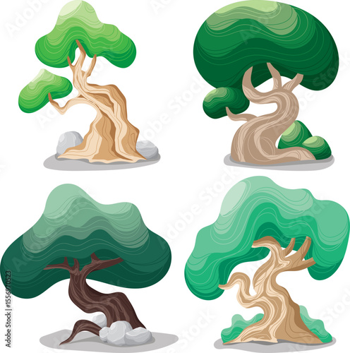  Collection of Stylized Cartoon Bonsai Trees Design