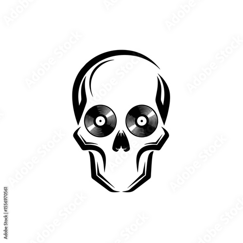 Abstract Music Skull Logo With Vinyl Record Eyes, Minimalistic and Bold Black Strokes