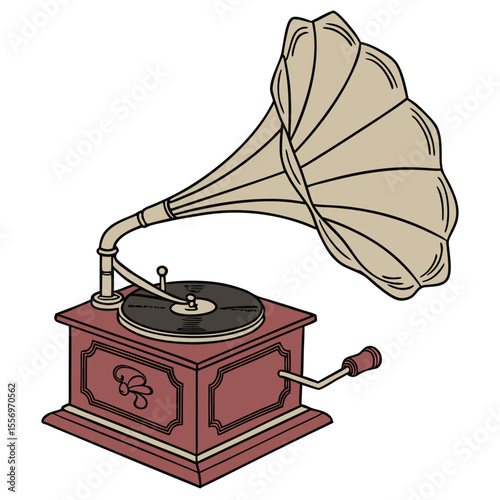 Vintage phonograph antique music player retro sound technology old record vector illustration