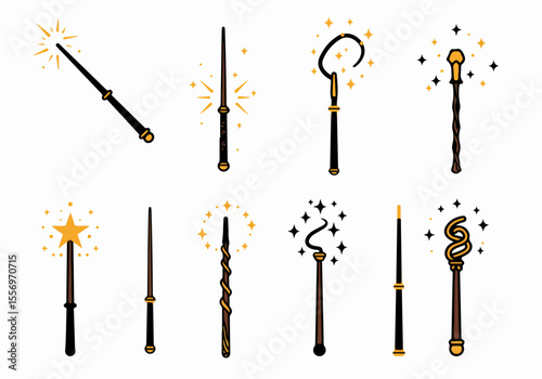 Collection of Different Magic Wands and Staffs with Sparkles