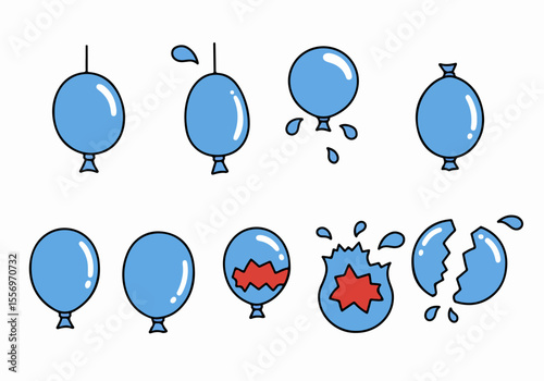 Cartoon illustration showing the sequence of a blue water balloon being filled, bursting, and breaking apart with a splash of water.