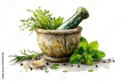 Watercolor illustration of a stone mortar and pestle filled with fresh green herbs and spices on a neutral background