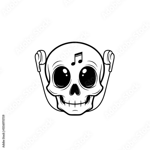 Cartoon Music Skull Logo With Earbuds and a Musical Note on Forehead, Simple Black Line Art