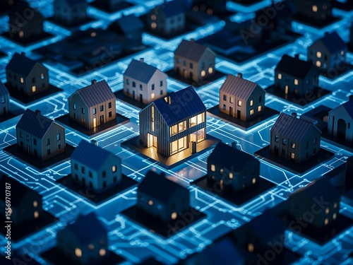 Illuminated modern house stands out amongst a grid of miniature homes on a glowing blue digital circuit board